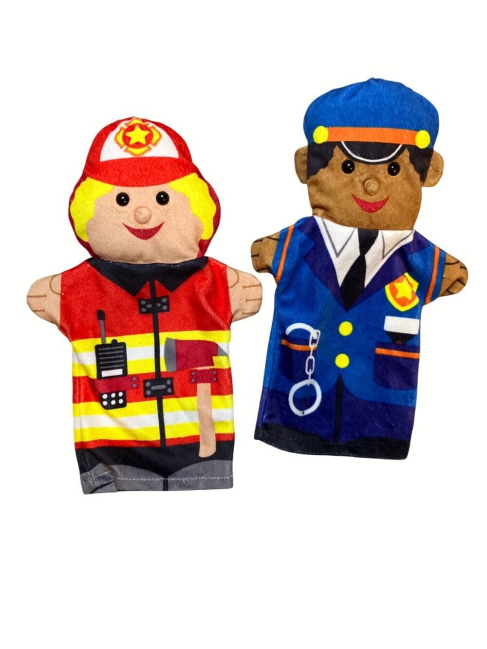 Police Officer and Firefighter Hand Puppets 11 Inches Tall Bright Colors